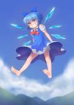  1girl barefoot bloomers blue_dress blue_eyes blue_hair blue_sky blush bow cirno clouds dress evil_grin evil_smile feet floating grin hair_bow highres ice ice_wings looking_down puffy_short_sleeves puffy_sleeves reiji-rj ribbon short_hair short_sleeves sky smile soles solo touhou underwear upskirt wings 