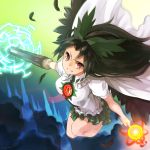 1girl absurdres arm_cannon black_feathers black_hair black_wings bow breasts cape feathers flying green_skirt grin hair_bow highres legs_up light_trail long_hair looking_at_viewer nuqura powering_up red_eyes reiuji_utsuho shirt short_sleeves skirt smile solo thighs third_eye touhou tsurime weapon white_shirt wings 