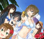  5girls azuuru_(azure0608) bare_shoulders beer_can bikini black_bikini blue_bikini blue_eyes blush bow breasts brown_eyes brown_hair cleavage clouds cloudy_sky day drill_hair dutch_angle earrings eyebrows eyebrows_visible_through_hair flower frilled_bikini frills from_behind front-tie_top green_eyes green_hair hair_between_eyes hair_bow hair_flower hair_ornament hair_ribbon hair_up halterneck hands_in_pockets hat height_difference hood hooded_jacket idolmaster idolmaster_cinderella_girls jacket jewelry kanzaki_ranko light_brown_hair light_smile long_hair looking_at_another looking_at_viewer midriff mole mole_under_eye multiple_girls navel nitta_minami one_eye_closed open_clothes open_jacket open_mouth outdoors red_eyes ribbon shibuya_rin short_hair simple_background sky smile straight_hair straw_hat swimsuit tada_riina takagaki_kaede twin_drills under_umbrella wavy_mouth white_bikini 