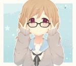  1girl adjusting_glasses aozoratama brown_hair copyright_name glasses looking_at_viewer onoya_an relife school_uniform short_twintails smile solo twintails violet_eyes 