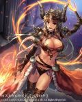  1girl breasts brown_hair cleavage fang fire_whip flame_sword large_breasts long_hair looking_at_viewer mismi navel open_mouth smile solo violet_eyes 