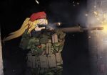  1girl bangs beret british camouflage firing gloves gun h&amp;k_msg90 hat holding holding_gun holding_weapon load_bearing_vest long_hair military military_operator military_uniform mrxinom muzzle_flash original ponytail rifle sniper_rifle solo special_air_service uniform wall weapon 