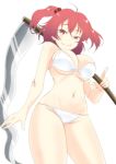  1girl alternate_costume arm_at_side bikini breasts from_below hair_between_eyes hair_bobbles hair_ornament large_breasts lips looking_at_viewer midriff mukai navel onozuka_komachi over_shoulder red_eyes redhead scythe short_twintails smile smug swimsuit touhou twintails weapon weapon_over_shoulder white_bikini 
