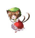  1girl :3 :d animal_ears blush bobby_socks bow bowtie brown_eyes brown_hair cat_ears cat_girl cat_tail chen chibi dress fang frilled_dress frills full_body hat highres jewelry juliet_sleeves long_sleeves looking_at_viewer mary_janes mob_cap multiple_tails nekomata open_mouth paw_pose ponta_(wwtaimeww) puffy_sleeves red_dress red_shoes shoes short_hair single_earring smile socks solo tail touhou two_tails white_legwear yellow_bow yellow_bowtie 