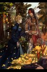  2girls alternate_costume blonde_hair blue_dress breasts cleavage dark_skin dith_ytk dress facepaint hand_holding highres leaf mercy_(overwatch) midriff multiple_girls native_american overwatch pharah_(overwatch) tree 