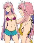  1girl bandeau bangs bikini_top blue_shorts blunt_bangs breasts butt_crack cleavage fate/grand_order fate_(series) hand_in_hair highres long_hair looking_at_viewer medb_(fate/grand_order) nape navel pink_hair purple_clothes shimo_(s_kaminaka) shorts smile solo tiara very_long_hair yellow_clothes yellow_eyes 