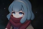  1girl blue_eyes blue_hair dangan_ronpa dangan_ronpa_3 dust gekkougahara_miaya hairband kobeni scarf scarf_over_mouth solo upper_body 