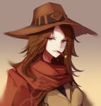  1girl black_shirt breasts brown_eyes brown_hair brown_hat brown_jacket cape cigar cowboy_hat eyebrows eyebrows_visible_through_hair eyelashes genderswap genderswap_(mtf) gradient gradient_background hat highres jacket lips lipstick long_hair looking_at_viewer makeup mccree_(overwatch) mouth_hold overwatch pink_lips poncho red_cape shiguru shirt slit_pupils solo torn_clothes torn_hat upper_body 