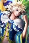  1boy abs artist_name blue_eyes chinese_clothes hair_between_eyes meitenkun navel pillow solo spiky_hair teeth the_king_of_fighters the_king_of_fighters_xiv toxicface white_hair 