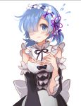 1girl alternate_hairstyle black_bow blue_eyes blue_hair blush bow breasts cleavage closed_mouth detached_sleeves dress eyelashes flying_sweatdrops frills hair_ornament hair_over_one_eye hair_ribbon hair_up hairband issign looking_at_viewer low_twintails maid medium_breasts one_eye_covered re:zero_kara_hajimeru_isekai_seikatsu rem_(re:zero) ribbon short_twintails simple_background sketch solo twintails upper_body wavy_mouth white_apron white_background white_bow x_hair_ornament 