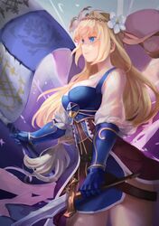  1girl absurdres blonde_hair blue_eyes breasts dress flag flower gauntlets granblue_fantasy hair_flower hair_ornament highres hisa_tobi_(s41229) jeanne_d&#039;arc_(granblue_fantasy) long_hair solo sword weapon 