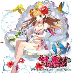  1girl :d bikini bird blonde_hair blue_eyes blush bow bracelet breasts cleavage collarbone copyright_name earrings flower frilled_bikini frills hair_flower hair_ornament harp hibiscus holding instrument jewelry long_hair looking_at_viewer matsui_hiroaki medium_breasts necklace official_art open_mouth parrot petals playing_instrument seashell shell sheria_harps sitting smile solo swimsuit teeth uchi_no_hime-sama_ga_ichiban_kawaii water watermark 
