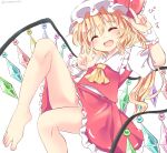  1girl ^_^ artist_name ascot bangs blonde_hair blush bow closed_eyes commentary_request double_w eyebrows_visible_through_hair fang feet flandre_scarlet hat highres knee_up legs long_hair mob_cap one-hour_drawing_challenge open_mouth panties pantyshot ramudia_(lamyun) red_bow red_skirt side_ponytail simple_background skin_fang skirt smile solo touhou twitter_username underwear w white_background white_panties wings 
