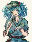  1girl absurdres belt blue_eyes blue_hair gloves goggles_on_hat green_hat hair_bobbles hair_ornament hat highres jumpsuit kawashiro_nitori key kyogoku-uru looking_at_viewer messy_hair nail_polish one_eye_closed open_mouth puffy_short_sleeves puffy_sleeves screwdriver short_hair short_sleeves solo stain tools touhou twintails upper_body white_gloves wrench 