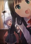  &gt;_&lt; &gt;o&lt; 3girls :o aqua_eyes arms_up asashio_(kantai_collection) bangs belt black_hair blue_hair blunt_bangs brown_eyes camera chair close-up closed_eyes curtains dress grey_hair hair_ribbon hakua_ryouya head_tilt heart heart_in_mouth highres holding holding_camera index_finger_raised indoors kantai_collection kasumi_(kantai_collection) long_hair long_sleeves looking_at_viewer multiple_girls neck_ribbon ooshio_(kantai_collection) open_mouth pinafore_dress red_ribbon remodel_(kantai_collection) ribbon school_uniform shirt short_hair short_twintails side_ponytail silver_hair sitting sleeveless sleeveless_dress smile sunlight table tablecloth twintails white_shirt 