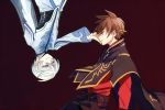  2boys brown_hair dark_persona feathers gradient gradient_background green_eyes hand_on_another&#039;s_cheek hand_on_another&#039;s_face looking_at_another male_focus mikleo_(tales) multiple_boys parted_lips silver_hair smile sorey_(tales) tales_of_(series) tales_of_zestiria upside-down violet_eyes yurichi_(artist) 