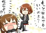  2girls =_= alternate_costume black_shoes blush brown_hair buttons commentary_request cup drinking_glass engiyoshi fang folded_ponytail formal hair_ornament hairclip ikazuchi_(kantai_collection) inazuma_(kantai_collection) kantai_collection legs_crossed long_hair long_sleeves multiple_girls necktie open_mouth pant_suit school_uniform serafuku shoes short_hair sitting smile sparkle suit translation_request wine_glass 