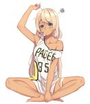  1girl absurdres ahoge arm_up armpits bangs bare_arms bare_legs barefoot basketball_uniform blonde_hair blue_eyes blush bottomless breasts clothes_writing collarbone dark_skin earrings eyebrows eyebrows_visible_through_hair facepaint feather_earrings feathers frown full_body hand_on_ankle highres indian_style indiana_pacers indianapolis_(zhan_jian_shao_nyu) jewelry looking_at_viewer low_twintails medium_breasts national_basketball_association native_american no_pants off_shoulder parted_bangs pun simple_background sitting solo sportswear squiggle twintails white_background zhan_jian_shao_nyu zi_se 