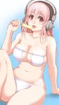  1girl bikini blush breasts cleavage deni_m headphones highres large_breasts long_hair looking_at_viewer navel nitroplus open_mouth pink_hair popsicle red_eyes solo super_sonico swimsuit 