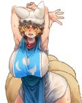  1girl armpits arms_behind_head arms_up blonde_hair blush breasts chanta_(ayatakaoisii) curvy dress fox_tail hanging_breasts hat highres huge_breasts looking_at_viewer multiple_tails see-through short_hair simple_background solo sweat tabard tail thick_thighs touhou wet wide_hips yakumo_ran yellow_eyes 