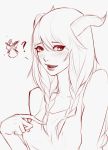  1girl blush breasts fangs female horns league_of_legends lineart lips monochrome open_mouth shyvana solo twintails upper_body white_background 