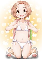  1girl :d backpack bag bikini brown_hair eyebrows eyebrows_visible_through_hair hair_ornament hairclip highres idolmaster idolmaster_cinderella_girls kneeling looking_at_viewer navel open_mouth randoseru regular_mow ryuuzaki_kaoru short_hair smile solo striped striped_legwear swimsuit white_bikini yellow_eyes 