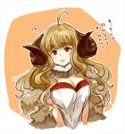  1girl ? ahoge anila_(granblue_fantasy) ao_(aocooler) bangs blonde_hair blunt_bangs breasts brown_eyes doraf eyebrows eyebrows_visible_through_hair granblue_fantasy horns large_breasts long_hair looking_at_viewer outline parted_lips sheep_horns short_eyebrows simple_background solo thick_eyebrows translation_request twitter_username upper_body wavy_hair white_background 