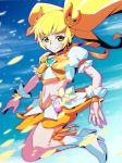  1girl blonde_hair boots cure_sunshine hair_ribbon heart heartcatch_precure! highres long_hair looking_at_viewer magical_girl midriff myoudouin_itsuki navel precure ribbon skirt smile solo twintails uganda wrist_cuffs yellow_eyes 