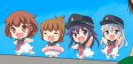  4girls :d ^_^ ^o^ akatsuki_(kantai_collection) arms_up black_hair blue_eyes blue_hair brown_eyes brown_hair chibi closed_eyes commentary_request fang flat_cap folded_ponytail hair_ornament hairclip hat hibiki_(kantai_collection) ikazuchi_(kantai_collection) inazuma_(kantai_collection) innertube kantai_collection kotanuki_(kotanukiya) long_hair multiple_girls neckerchief necktie open_mouth purple_hair red_necktie smile violet_eyes wavy_mouth white_hair younger 