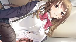  1girl blush bowtie breasts brown_eyes brown_hair collared_shirt dutch_angle eyebrows eyebrows_visible_through_hair game_cg happy highres hitsuji_takako indoors itsugaya_hayane large_breasts lip_kiss long_hair long_sleeves looking_at_viewer mikoto_akemi original school_uniform sitting skirt smile solo_focus suspenders unasaka_ryou 