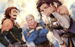  3boys adjusting_hair bare_shoulders beard blue_eyes crossed_arms dutch_angle eugene_(granblue_fantasy) eyepatch facial_hair granblue_fantasy grin haneten_kagatsu jin_(granblue_fantasy) leaning_forward looking_at_viewer male_focus multiple_boys muscle mustache old_man ponytail smile soriz white_hair 