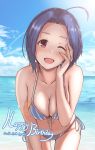  1girl ;d ahoge artist_name beach bikini blue_hair blush breasts dated front-tie_top hand_on_own_cheek happy_birthday idolmaster leaning_forward maru_(maru1625) miura_azusa one_eye_closed open_mouth red_eyes short_hair side-tie_bikini signature smile solo swimsuit water wet wet_hair 