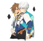  ... 2boys blush bracelet brown_hair feathers fingerless_gloves gloves green_eyes hand_in_pants hand_under_clothes hand_under_shirt ho-dan. jewelry looking_at_another mikleo_(tales) multiple_boys shirt sorey_(tales) spoken_ellipsis sweatdrop tales_of_(series) tales_of_zestiria undressing violet_eyes white_gloves white_hair yaoi 
