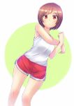  1girl :&lt; anko_jamu blush_stickers brown_eyes brown_hair closed_mouth crossed_arms dutch_angle gym_shorts looking_at_viewer major major_2nd mayumura_michiru short_hair shorts simple_background solo sportswear stretch tank_top two-tone_background 