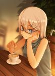  1girl bare_shoulders blonde_hair blue_eyes chair chin_rest coffee cup glasses hair_ornament hairclip highres looking_at_viewer sakais3211 semi-rimless_glasses solo stirring table 