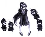  1girl 4boys absurdres android antenna_hair arms_at_sides chibi dazzle_(shinkonryu) flying full_body highres long_hair long_skirt long_sleeves looking_to_the_side miniboy monochrome multiple_boys original pigeon-toed ponytail robot_ears shoes simple_background skirt standing very_long_hair white_background 
