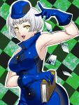  1girl :d argyle argyle_background armpits bare_shoulders blue_dress blue_gloves book breasts card dress elizabeth_(persona) gloves hat holding holding_book looking_at_viewer medium_breasts okyou open_mouth persona persona_3 short_hair sleeveless sleeveless_dress smile solo upper_body white_hair yellow_eyes 