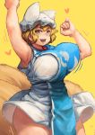  1girl armpits arms_up blonde_hair blush bouncing_breasts breasts chanta_(ayatakaoisii) curvy dress fox_tail hat highres huge_breasts jumping looking_at_viewer multiple_tails open_mouth pillow_hat short_hair simple_background smile solo tabard tail thick_thighs touhou wide_hips yakumo_ran yellow_eyes 