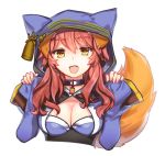 1girl animal_ears bell bell_collar breasts cleavage collar fang fate/extra fate/grand_order fate_(series) fox_ears fox_tail hood hoodie open_mouth pink_hair solo tail tamamo_(fate)_(all) tamamo_no_mae_(fate) yellow_eyes yurizuka_(sergeant_heart) 