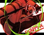  1boy bodysuit character_name deadpool haneten_kagatsu katana lens_flare looking_at_viewer male_focus marvel mask muscle sword weapon 