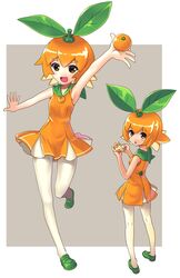  1girl :d :o arm_up blush brown_eyes dress eyebrows food fruit katahira_masashi leaf loafers mandarin_orange open_mouth orange_dress orange_hair original pantyhose personification shoes short_hair sleeveless sleeveless_dress smile solo thick_eyebrows white_legwear 