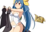  1girl absurdres bare_shoulders blue_hair blush box breasts buttons cardboard_box dizzy guilty_gear guilty_gear_xrd guilty_gear_xrd:_revelator hair_ribbon highres large_breasts mirano navel panties red_eyes ribbon simple_background solo tail underwear white_background white_panties wings 