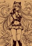  1girl ao_(aocooler) armor bangs bow breasts brown_background cleavage female granblue_fantasy grin groin hair_bow hand_to_own_mouth long_hair microskirt monochrome navel simple_background sketch skirt smile solo very_long_hair vira 