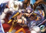  1girl :d arm_guards armor armpits boots breasts cape cleavage dress eruthika fur-trimmed_cape fur_trim garter_belt goat granblue_fantasy greaves hair_ribbon horns leaning_back leg_garter leg_up long_hair looking_at_viewer low_twintails medium_breasts open_mouth purple_hair ribbon satyr_(granblue_fantasy) sitting smile star strapless strapless_dress twintails very_long_hair violet_eyes 