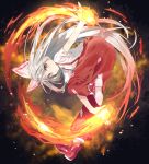  1girl ass bangs bent_over bow burning_hand closed_mouth collared_shirt fire flat_chest fujiwara_no_mokou full_body gradient_hair hair_bow hair_ribbon leg_up light_particles long_hair looking_at_viewer multicolored_hair ofuda pants red_eyes red_pants red_shoes ribbon shirt shoe_soles shoes silver_hair solo suspenders tika_(mika4975) torn_clothes torn_shirt torn_sleeves touhou very_long_hair white_bow white_shirt 