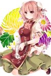  1girl arm_garter bandage bandaged_arm blush breasts brown_shoes bun_cover chains chinese_clothes cuffs double_bun floral_background flower green_skirt hair_bun highres ibaraki_kasen looking_at_viewer medium_breasts pink_eyes pink_hair pink_rose ponta_(wwtaimeww) puffy_short_sleeves puffy_sleeves rose shackles shoes short_hair short_sleeves sitting skirt solo tabard touhou 
