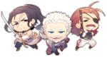  3boys beard black_hair blue_eyes brown_eyes chibi earrings eugene_(granblue_fantasy) eyepatch facial_hair full_body goatee granblue_fantasy green_eyes grin gun haneten_kagatsu holding holding_weapon japanese_clothes jewelry jin_(granblue_fantasy) male_focus multiple_boys mustache old_man ponytail scar simple_background smile soriz sword weapon white_background white_hair 