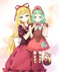  2girls bangs blonde_hair blue_eyes blunt_bangs blush bow closed_mouth cross-laced_footwear front_ponytail green_eyes green_hair hair_bow hair_ribbon kagiyama_hina lifting_person long_hair looking_at_viewer medicine_melancholy mito_tsubaki multiple_girls older puffy_short_sleeves puffy_sleeves red_bow red_ribbon red_skirt ribbon role_reversal shirt short_sleeves skirt smile su-san touhou very_long_hair wavy_hair wings younger 