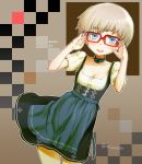  1girl :d adjusting_glasses bespectacled blue_eyes blush breasts character_name choker cleavage cockadooodledoo collarbone cowboy_shot dirndl dress german_clothes glasses highres iron_cross kantai_collection open_mouth outline red-framed_eyewear short_hair short_sleeves silver_hair smile solo traditional_clothes twitter_username z1_leberecht_maass_(kantai_collection) 