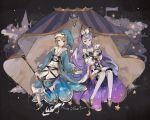  1boy 1girl betor_(granblue_fantasy) blonde_hair blue_eyes brother_and_sister drill_hair granblue_fantasy hair_ribbon hat lavender_hair long_hair long_sleeves looking_at_viewer miyashita_miro morphe_(granblue_fantasy) nightcap pajamas purple_hair ribbon siblings staff tapir yellow_eyes 